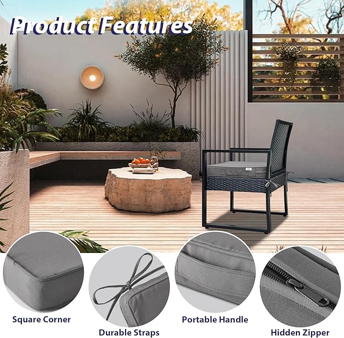 Outdoor Chair Cushions Set of 4,Waterproof Outdoor Seat Cushions for Patio Furniture,Patio Chair Cushion with Handle and Ties, Square Out Door Chair Pads,18.5" x 16" x 3", Darkgrey
