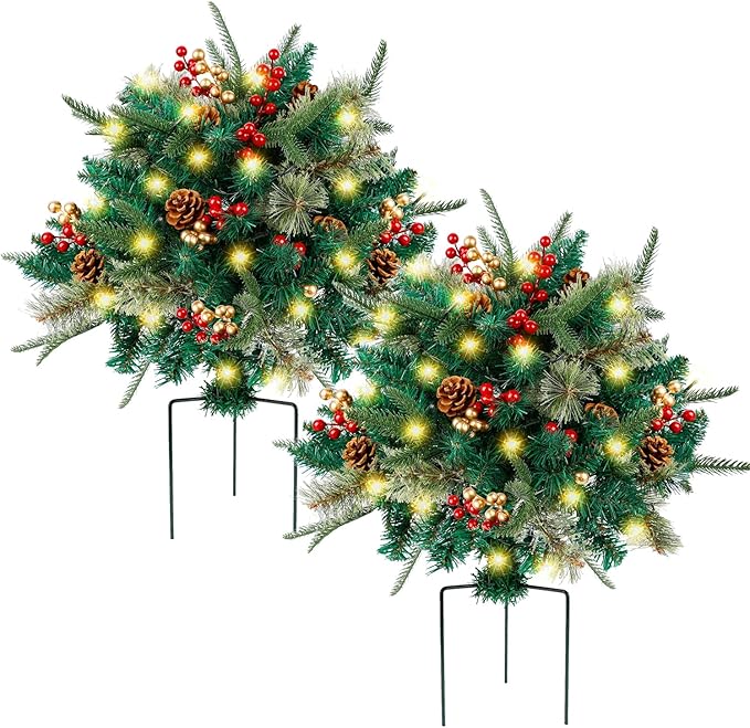 Glintoper Lighted Artificial Christmas Urn Filler, Pre-lit Xmas Pine Trees with Cones, Golden & Red Berries, Tripod Stake and 60 LED Lights, Outdoor Light Up Planter Filler Holiday Home Decor, 2 Pack