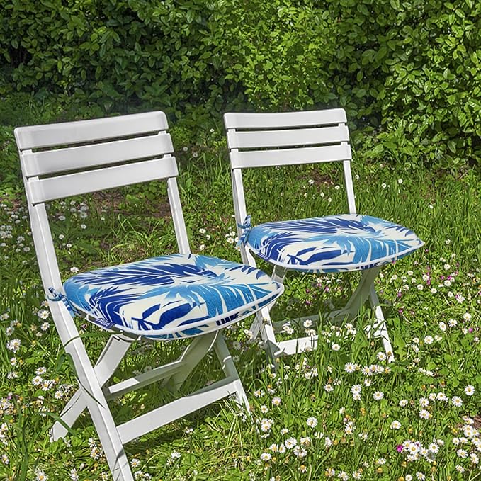 SleepMan Outdoor 17"x16" Chair Cushions with Ties Set of 4, Water Resistant All Weather U-Shape Seat Pads for Patio Garden Furniture Indoor Fade Resistant Patio Cushions (Blue Bamboo)