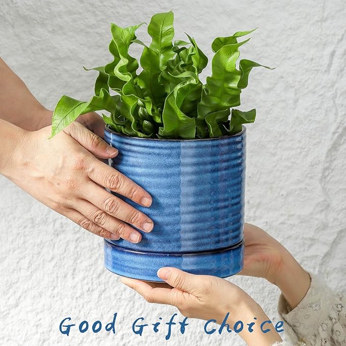 HASENSE Ceramic Plant Pots Indoor Outdoor, 6 Inch Pot for Plants with Drainage Hole and Saucer, Reactive Glaze Blue Modern Planter for Housewarming