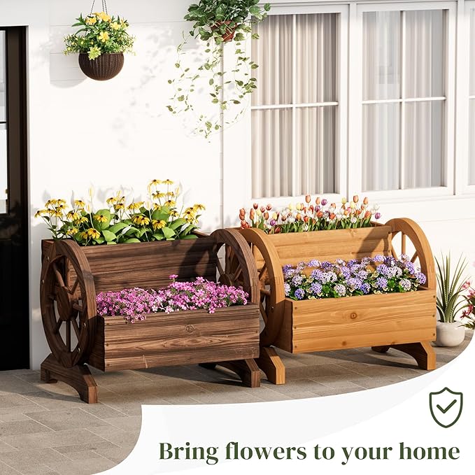 Garden Planter with Wheels, Wooden Wagon Box, Decorative Planter for Flowers Herbs Vegetables for Indoor & Outdoor Décor Flower Cart for Patio Garden Balcony (Brown)