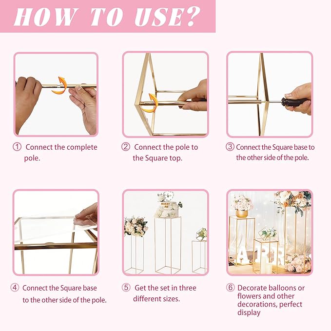 3PCS Cylinder Pedestal Stands for Parties, Square Gold Metal Plant Cylinder Stands for Party Flowers, Display Columns Pedestal Stand Cylinder Tables for Vases Birthday Party Decorations