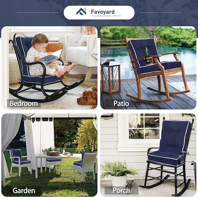 Favoyard Rocking Chair Cushion Set, Indoor & Outdoor Rocker Cushions, Water Resistant Seat Cushion Set for Patio Furniture 3-Year Color Fastness Chair Pads with Ties, Blue