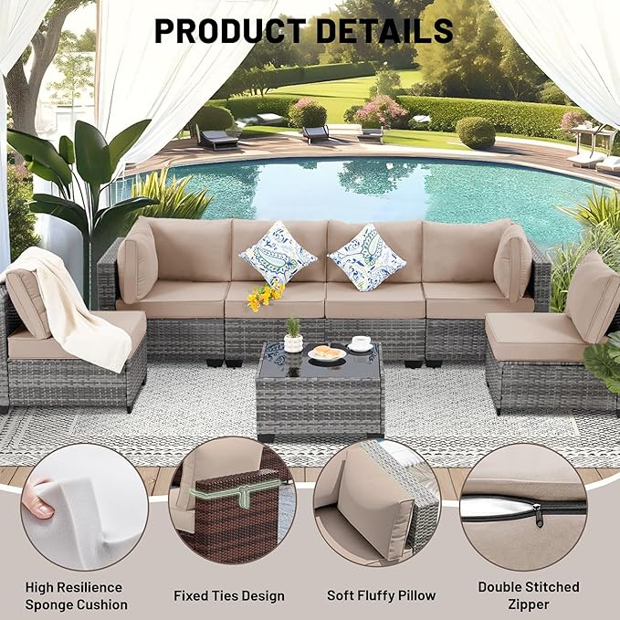 14 Piece Outdoor Sectional Cushions, Water-Resistant Outdoor Sofa Cushions Replacement, 4" High Density Foam Patio Furniture Cushions Fits 6-seat Rattan Conversation Set (Khaki)