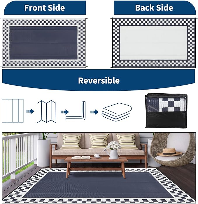 Garvee Outdoor Rug 9x12 Waterproof Reversible Patio Rug Modern Geometric Outdoor Carpet, Fade-Proof & Weather Resistant Minimalist RV Picnic Camping Mat for Garden Backyard Balcony,Navy & White