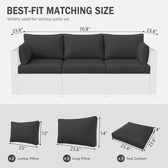 Outdoor Furniture Replacement Cushions, Waterproof Patio Furniture Cushions, 4" Deep Seat Outdoor Sectional Cushion for 3-Seat Outdoors Rattan Sofa Patio Sofa Cushion, Grey