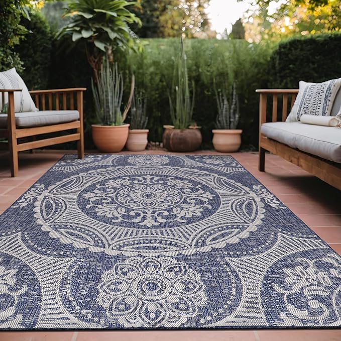 Medallion Outdoor Rug 8x10 Washable Outside Carpet for Indoor Patio Porch Waterproof Easy Cleaning Non Shedding Area Rugs Blue 8 x 10
