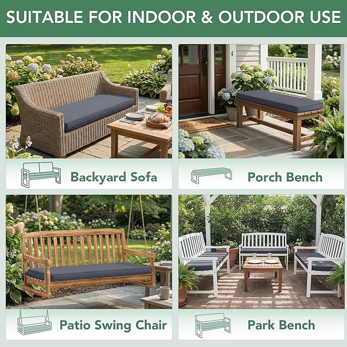 Outdoor Bench Cushion: Waterproof and Fade Resistant Patio Furniture Cushions - Non-Slip Bench Pad Cushion with Removable Cover for Garden Swing Porch Sofa Settee, 42 x 18 Inch, Dark Grey