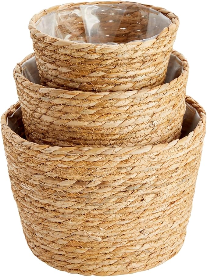 Juvale Seagrass Planter Set with Plastic Lining, 3 Woven Baskets for Plants (3 Sizes)