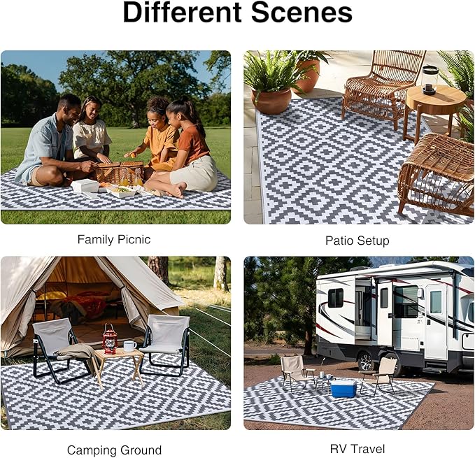 OLANLY Waterproof Outdoor Rug 9x18 ft, Outdoor Plastic Straw Rug for Camping, RV Mat Outside, Outdoor Carpet for Porch, Deck, Backyard, Balcony, Picnic, Grey & White