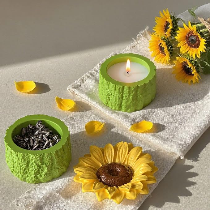 Tree Stump Planter Jar Silicone Mold with Sunflower Lid for DIY Candle Holder, Epoxy Resin Storage Container, Cement Plaster Craft - Flower Pot, Candy Dish, Fairy Garden Decor
