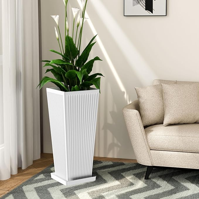 Tapered Tall Planters for Outdoor Plants 2 Pack- 23.6 Inch Square Indoor Flower Pots with Drainage Holes and Partition/Tray Saucers, Large Outdoor Planters for Porch Patio Garden, White