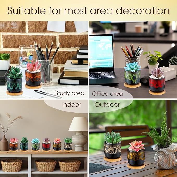12 Pcs Succulent Pots 2.5 Inch Mini Ceramic Succulent Garden Flower Pots Planters with Drainage and Bamboo Tray for Indoor Garden Plants Planters Colorful Flower Pot(Cylindrical,2.3 Inch H)
