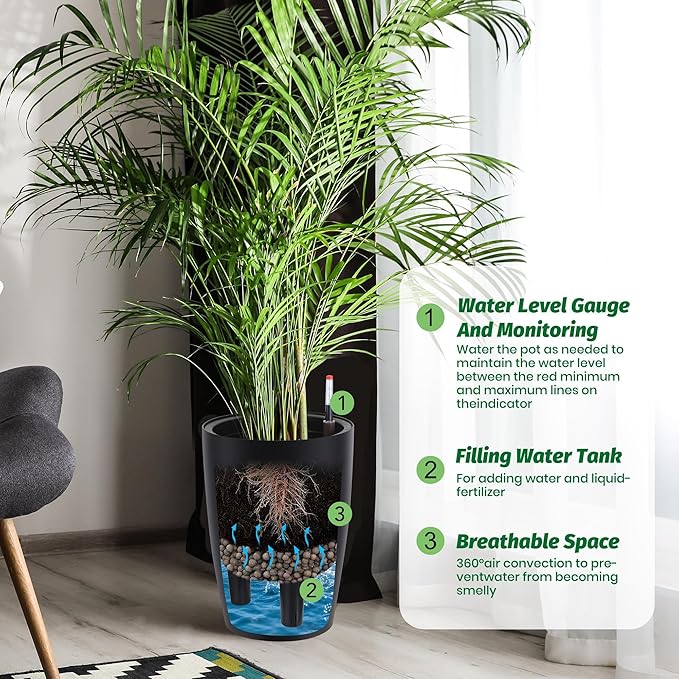 16" Tall Planter Set of 4, Self Watering Pots with Built-in Drainage and Water Level Gauge, Large Planter Pots for Garden, Patio, Balcony, Lounge, Black