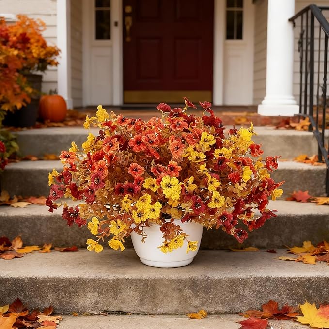 Artificial Mums Fall Fake Flowers for Outdoors Decoration, 12 Bundles Artificial Fall Flowers Faux Mums Realistic UV Resistant for Outdoors Planter Porch Patio Window Box, Sunset