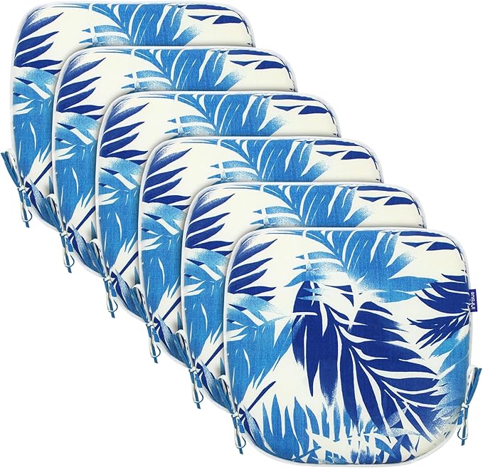 SleepMan Outdoor 17"x16" Chair Cushions with Ties Set of 6, Water Resistant All Weather U-Shape Seat Pads for Patio Garden Furniture Indoor Fade Resistant Patio Cushions (Blue Bamboo)