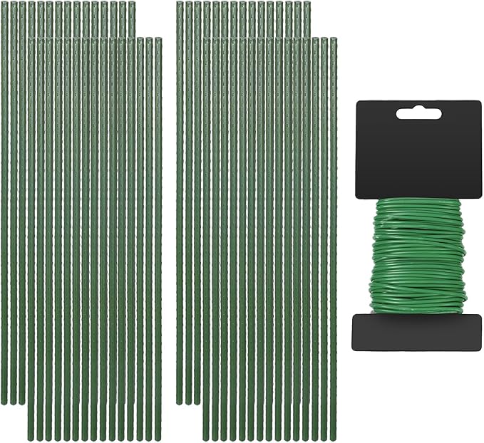 Tool Garden Stakes Kit Sturdy Green Plant Sticks Supports with Plastic Coat Plant Climbing Frame with Tie Set for Vegetable Tomato Outdoor Gardening Supplies(Green,2ft)