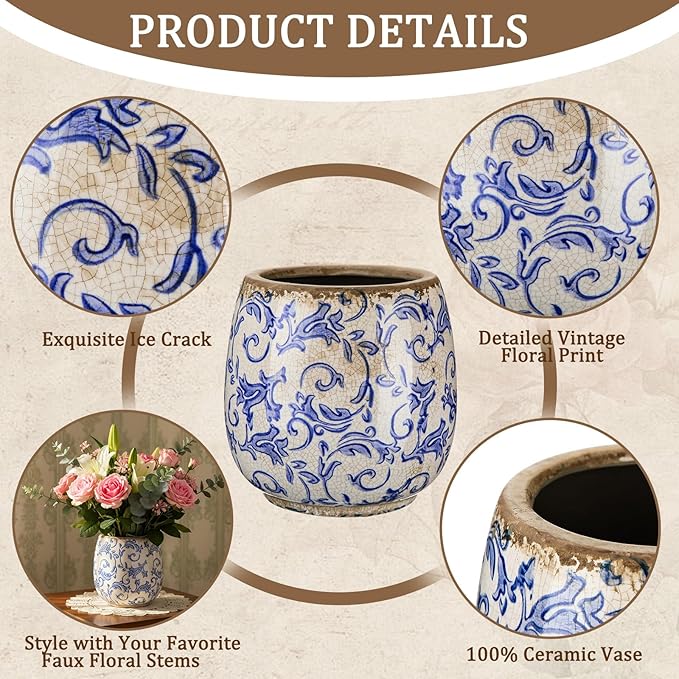 Vintage Ceramic Flower Pot with Ice Crackle Rustic Planter with Drainage Holes for Indoor and Outdoor Decor Home Living Room Garden Decor Gardening Gift(Vintage Style)