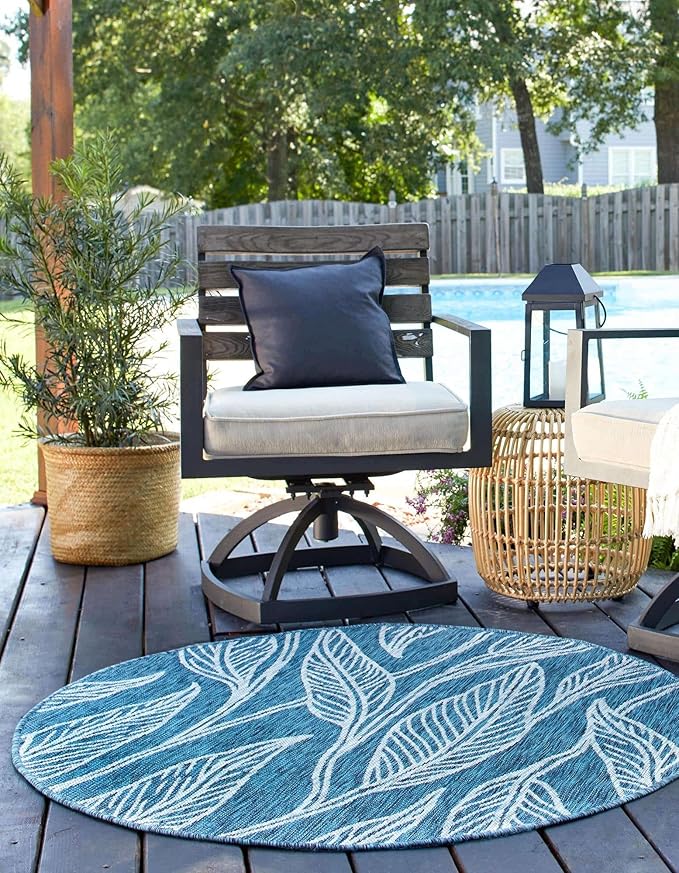 Unique Loom Outdoor Botanical Collection Area Rug - Leaf (10' 8" Round, Teal/ Ivory)