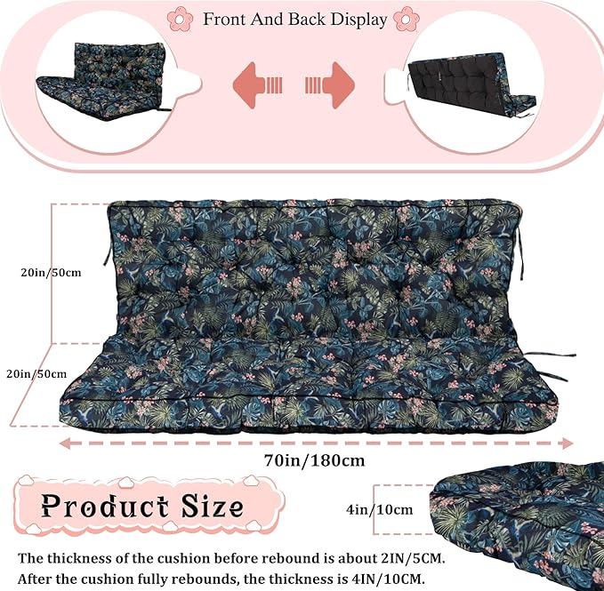 2-3 Seat Swing Replacement Cushion, Outdoor Bench Cushions with Backrest Thicken 4", Patio Furniture Garden Porch Loveseat Glider Pad Anti-Fading Waterproof (Hummingbirds, 40x70in-thicken)