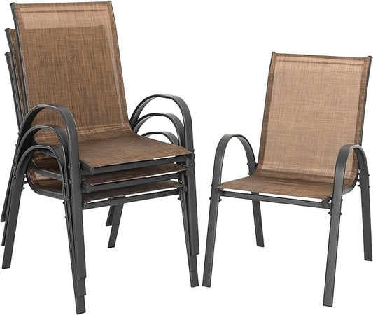NUU GARDEN Set of 4 Patio Dining Chairs Outdoor Stackable Chairs with High Back All Weather Textilene Seats Metal Frame Breathable Garden Chairs for Deck Backyard Brown