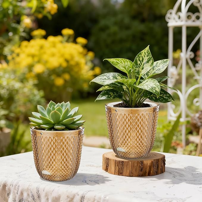 QCQHDU 2 Pack Self Watering Pots, 7.2 Inch Flower Pots with Drainage Holes and Water Filling Port, Garden Planter for Indoor Outdoor Plants (Gold)