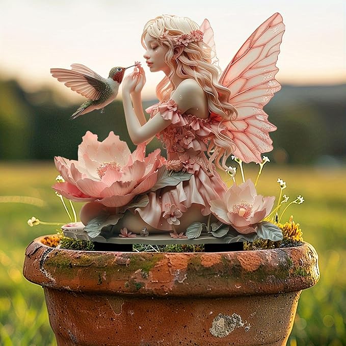 Bohemian Fairy Flower Pot Decor - Fairy Garden Accessories for Home or Garden (Hummingbird Elf)