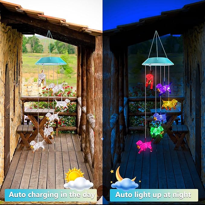 Solar Dog Gift for Mom Girls, Color Changing Solar Wind Chimes for Outside, Outdoor Decorative Mobile Lights for Garden, Yard, Patio, Window, Party Decorations, Gift for Women
