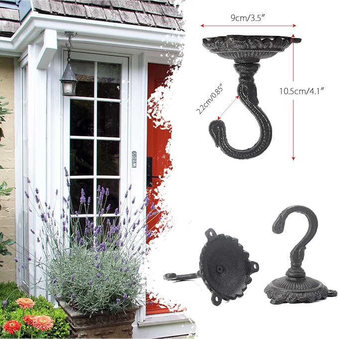 Sungmor Heavy Duty Ceiling Hooks for Hanging Plants, 3PC Black 3.5x3.9Inch Large Cast Iron Ceiling Hooks, Antique Decorative Ceiling Swag Hooks for Hanging Planter Chandelier Wind Chime Lantern Hanger