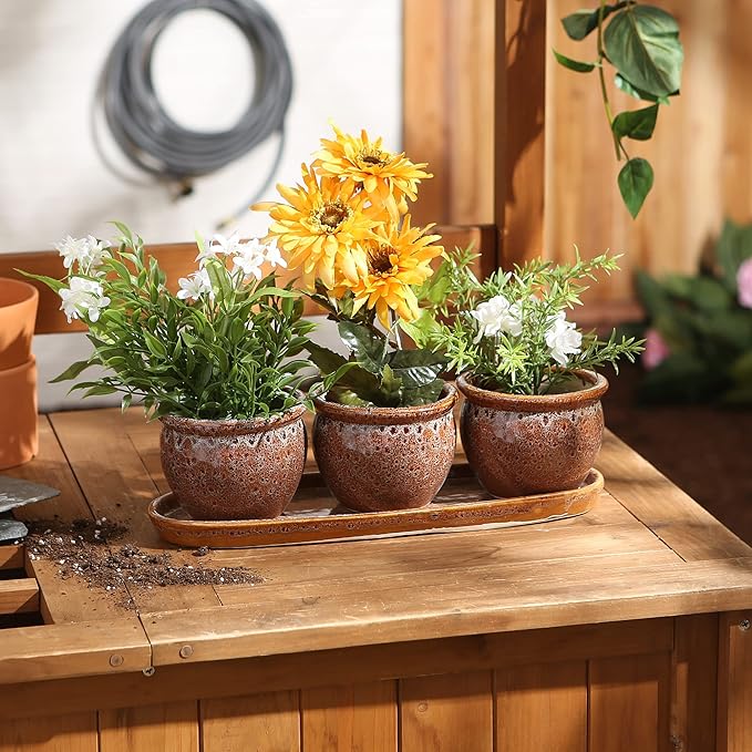 DII Ceramic Planter Collection Herb Pot Set, Brown Round, 13x75x4.5x4