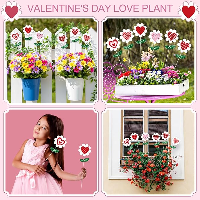 BreezeHug 6 Pcs Valentine's Day Heart Shaped Flower Planter Stakes Outdoor Garden Stakes Sign Valentine Flower Stick Pink Red Decorative for Yard Patio Lawn Decor(Mixed Colors)