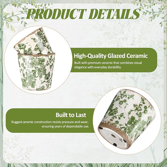 2 Pcs Farmhouse Ceramic Planters Gifts Set 5.1"x 5.5" Christmas Vintage Flowers Pots Green Ice Crackle Glazed Plants Pots with Drainage for Rustic Boho Indoor Outdoor Plants Home Office Decor