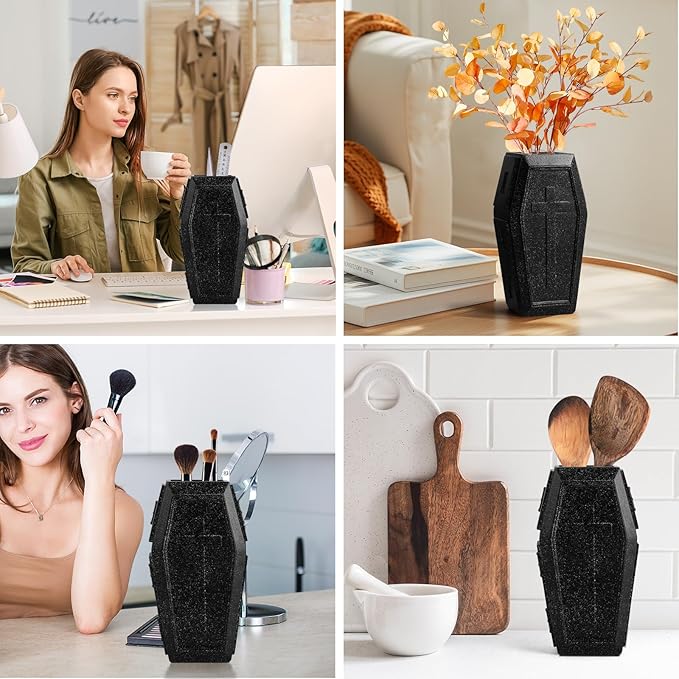 Coffin Vase for Flowers Gothic Home Decor Large Vase Makeup Brush Holder Planters for Indoor Plants Goth Room Decor Gothic Gifts (Black Stone,Large)