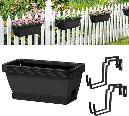 smusei 4 Pack Window Boxes Planters 17’’ Railing Planter Box with Adjustable Brackets, Deck Railing Hanging Flower Pots Rectangular Herb Planter for Outdoor Fence Garden, Balcony Decor