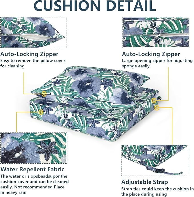 Outdoor Deep Seat Cushion Set, Water Repellent 24"x24" Patio Thick Cushions Replacement with Seat & Back Pillow for Patio Sofa, Wicker Chair, Couch - Blue Salmone Tropical