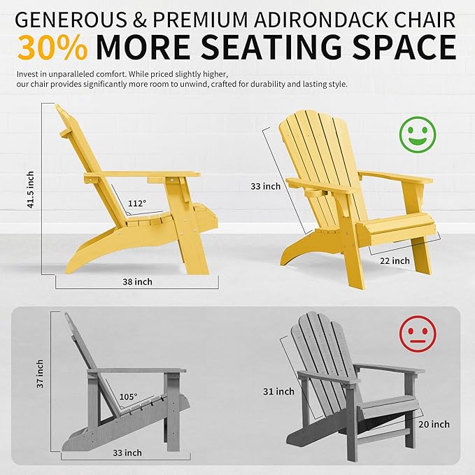 Psilvam Adirondack Chair, Oversized Poly Lumber Fire Pit Chair with Cup Holder, 350Lbs Support Patio Chairs for Garden, Weather Resistant Adirondack Chair Looks Like Real Wood (2, Yellow)