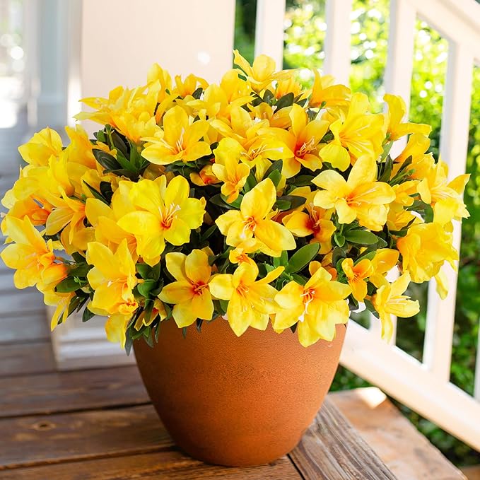 INSPRING Artificial Azalea Flowers Fake Plants for Outdoors Spring Summer Decoration, 3 Bundles UV Resistant Faux Silk Outside Flowers Look Real for Outdoor Planter Front Door Patio Garden, Yellow