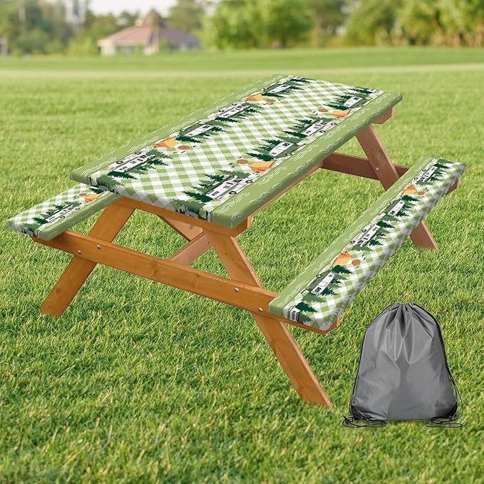 Picnic Table Cover with Bench Covers, Buffalo Plaid Camping Waterproof Windproof Fitted Tablecloth Cover with Elastic Edge, Camping Fitted Tablecloth with Drawstring Bag, 60in, Sage Green