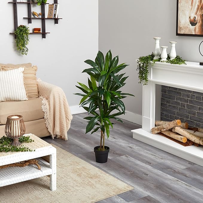 Nearly Natural 48in Artificial Dracaena with Real Touch Leaves and Multi Tonal Trunks, Large Indoor Silk Plant with Pot, Maintenance Free For Living Room And Home Office Decor