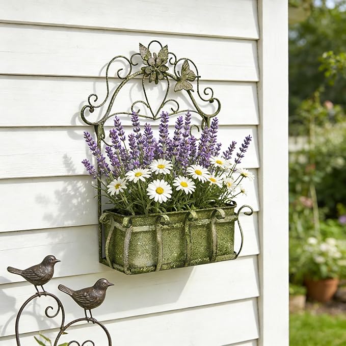 Vintage Rustic Wall Planter Distressed Decor Iron Hanging Plant Basket Shabby Metal Wall Mounted Flower Holder Pot Stand for Indoor Outdoor Home Balcony Patio Garden Decorative (Shabby Green)