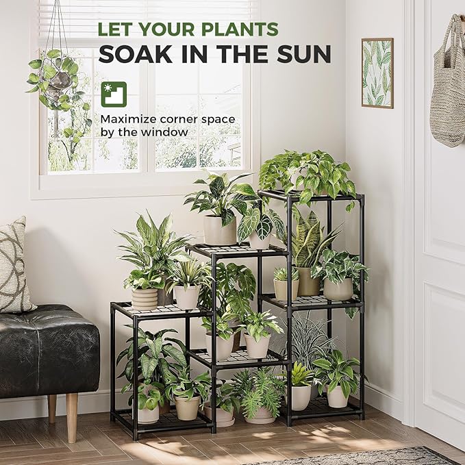 Plant Stand Indoor Outdoor 3 Tiers Ladder Plant Shelf for Multiple Plants Pots Waterproof Metal Flower Holder Modern Plant Rack for Corner,Porch ,Garden,Balcony,Black