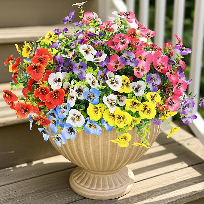 MACTING Artificial Pansy Flowers for Outdoors 12 Bundles Spring Faux Outdoor Plants UV Resistant Fake Silk Pansies for Outside Planter Front Door Porch Yard Patio Garden Home Decorations(Mix Color)