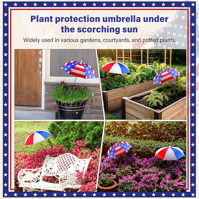 Abbylike 4 Set Plant Umbrellas for Outdoor Plants, Garden Umbrella Shade for Potted Plants and Garden Beds Plant Cover for Sun Summer Beach Terrace Lawn Swimming Pool (4th of July,Red White Blue)