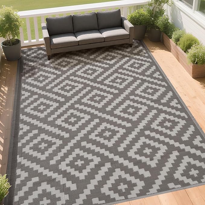 RURALITY Outdoor Rugs 9x12 Feet for Patios Clearance,Plastic Straw Waterproof Mats for RV,Backyard,Porch,Deck,Balcony,Coffee&Beige