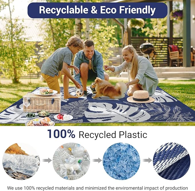 Waterproof Plastic Straw Outdoor Rug 9x18 Patio Reversible UV Resistant Foldable Camping Carpet Modern Leaf Print Large Outdoor Rugs for Deck, Porch, Camper, Balcony, Beach，Navy/White