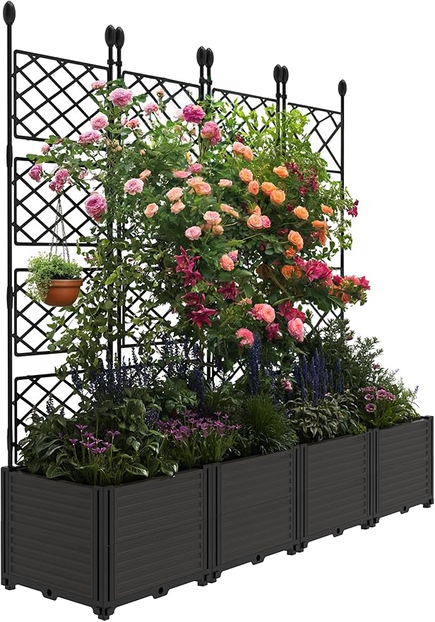 4 PCS Raised Garden Bed with Trellis, 65"LX16"WX63"H Plastic Planter Box for Climbing Plants, Outdoor Vertical Garden with Privacy Screen for Patio, Balcony, Backyard – Sturdy & Lightweight