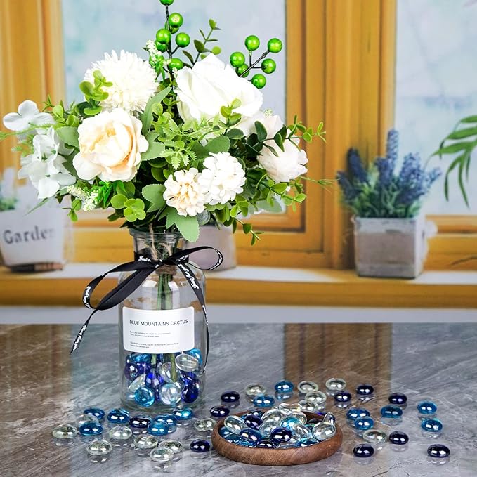 DomeStar 65PCS Iridescent Blue Flat Marbles, Decorative Glass Pebbles Beads Vase Fillers Decorative Fish Tank Aquarium Rocks for Centerpieces Table Decor