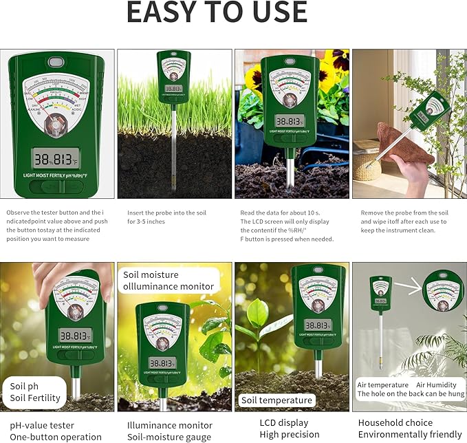 7-in-1 Soil ph Test kit, Soil Tester, Soil Meter of Moisture/Light/Fertility/PH/Soil Temp for House Plants, Soil Hygrometer Moisture Sensor for Indoor & Outdoor, Garden, Farm, Lawn Plant Care