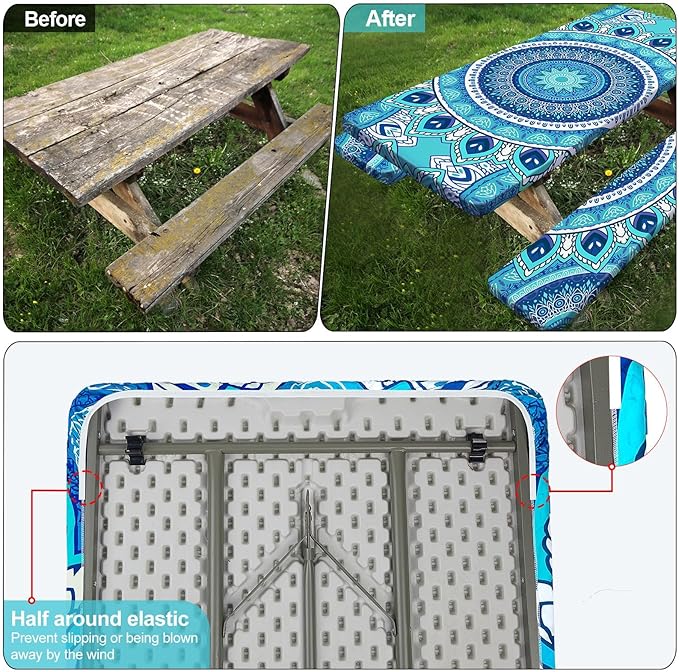 Picnic Table Cover with Bench Covers Camping Essentials Waterproof Windproof Camping Tablecloth with Drawstring Bag, Fitted Rectangle Tables and Seats, 96in, Air Superiority Blue
