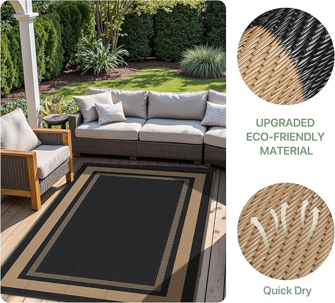 GENIMO 6' x 9' Outdoor Rug Waterproof for Patio Decor, Reversible Plastic Straw Area Rugs Mat for Camper, Outside Carpet for Rv, Deck, Porch, Picnic, Balcony, Mix-Black & Brown